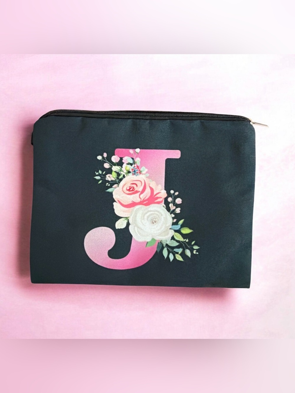 Monogram 'J' Floral Cosmetic Pouch - Black with Pink Flowers